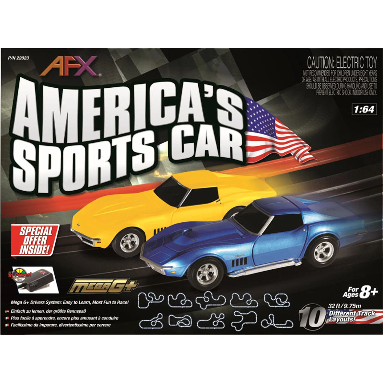 AFX America's Sports Car Chevy Corvette 32-Foot Mega G+ HO Slot Car Track Set w/Tri-Power