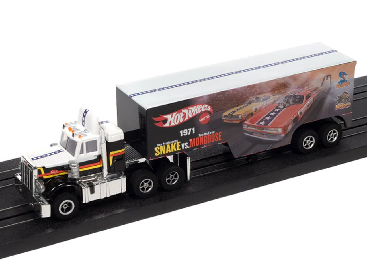 Auto World Racing Rig Peterbilt Model 359 w/Race Trailer (Snake vs. Mongoose) X-Traction Flamethrowers R12 HO Slot Car - Image 2