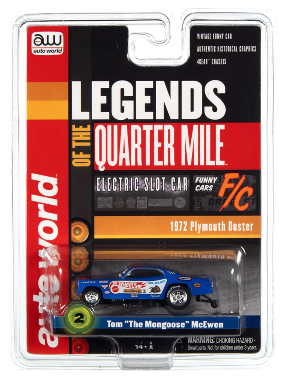 Auto World 1972 Plymouth Duster Funny Car (Blue w/Flames) Tom "The Mongoose" McEwen Mongoose II 4Gear Legends R1 HO Slot Car - Image 4
