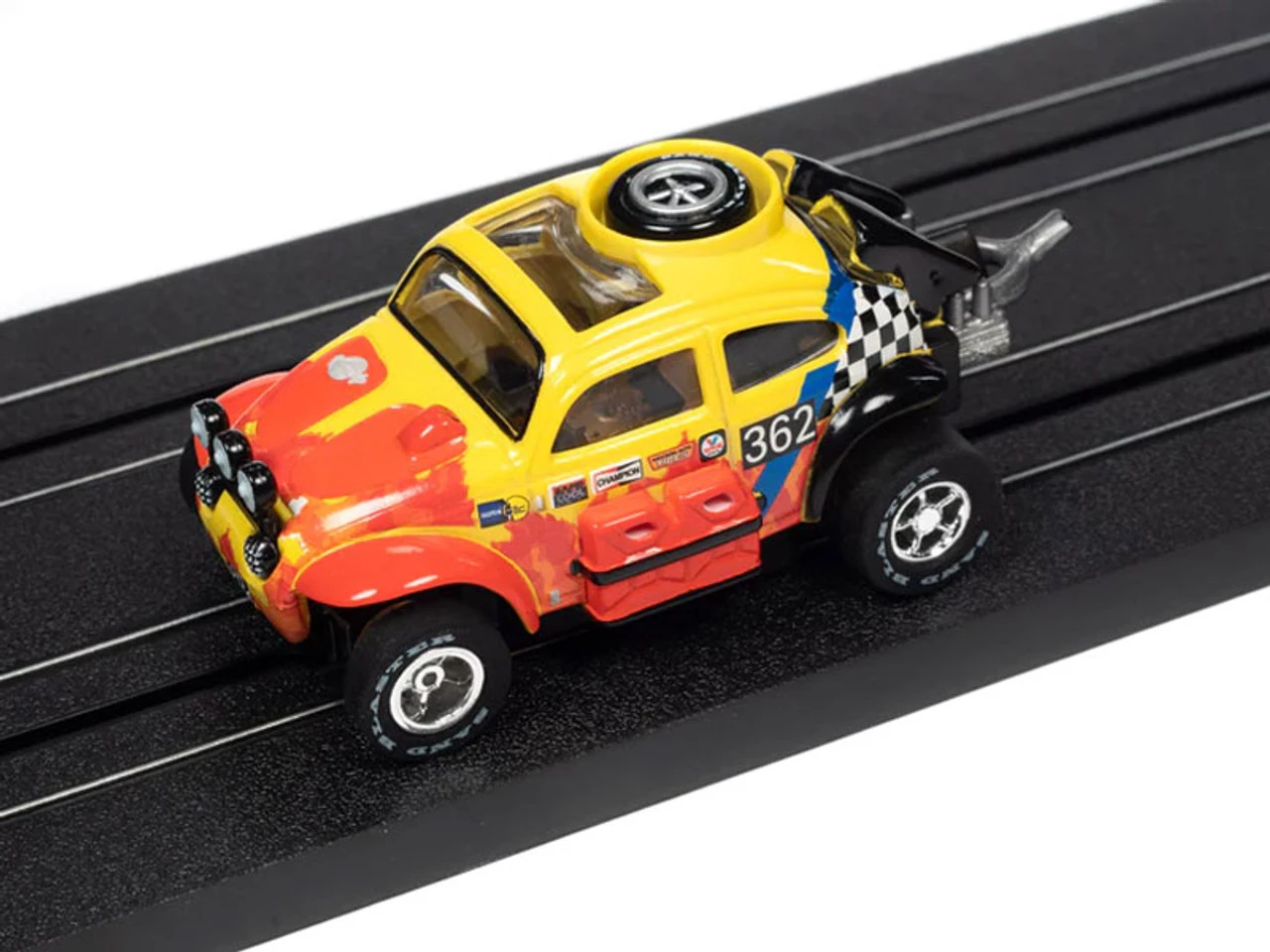 Auto World 1965 Volkswagen Baja Bug (Red, Yellow) Rally World Stage X-Traction HO Slot Car - Image 2