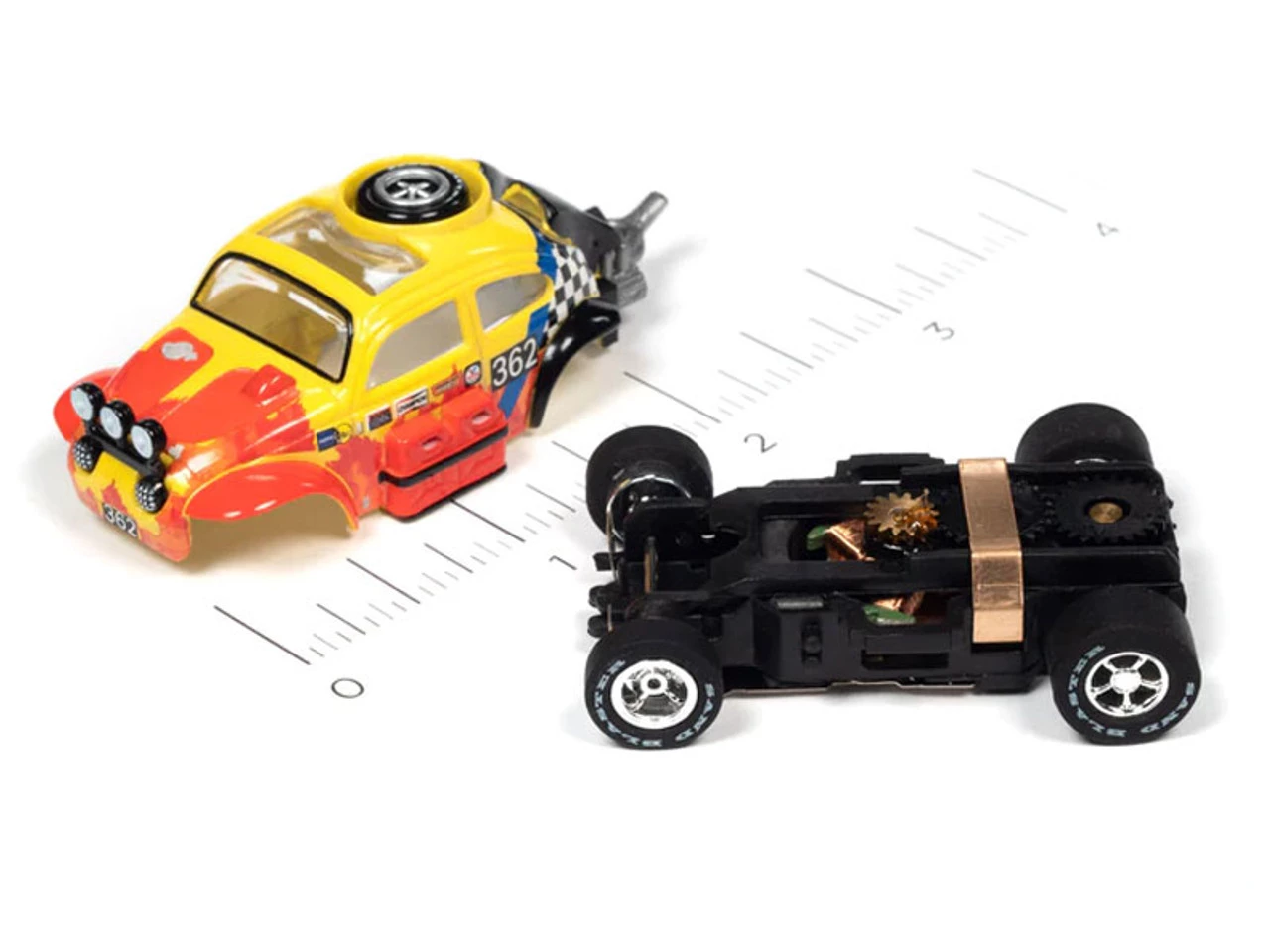 Auto World 1965 Volkswagen Baja Bug (Red, Yellow) Rally World Stage X-Traction HO Slot Car - Image 3