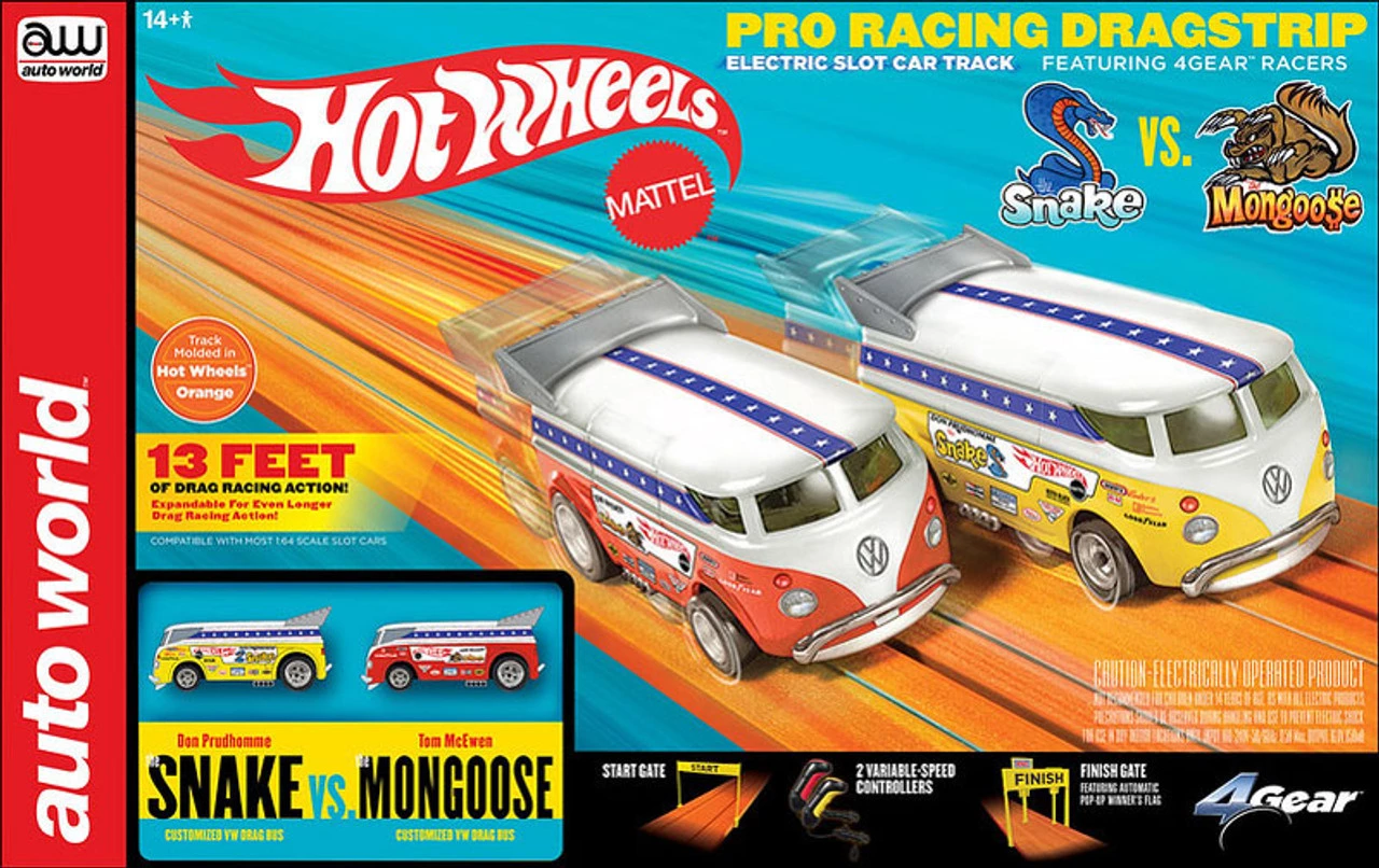 Auto World Hot Wheels Snake Vs Mongoose 13' Drag Race Manual HO Slot Car Set
