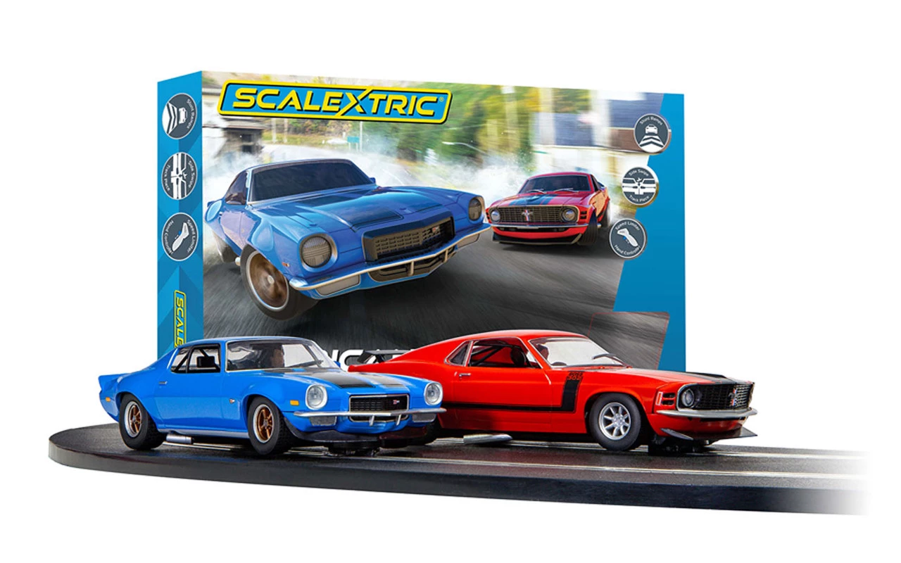 Scalextric American Street Dual (1970s Chevrolet Camaro vs 1970s Ford Mustang) 1/32 Slot Car Set - Image 2