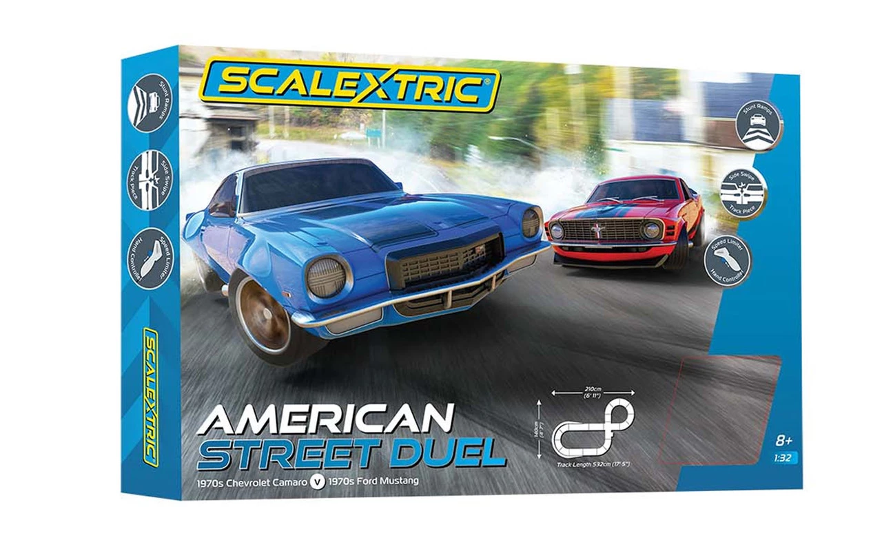 Scalextric American Street Dual (1970s Chevrolet Camaro vs 1970s Ford Mustang) 1/32 Slot Car Set